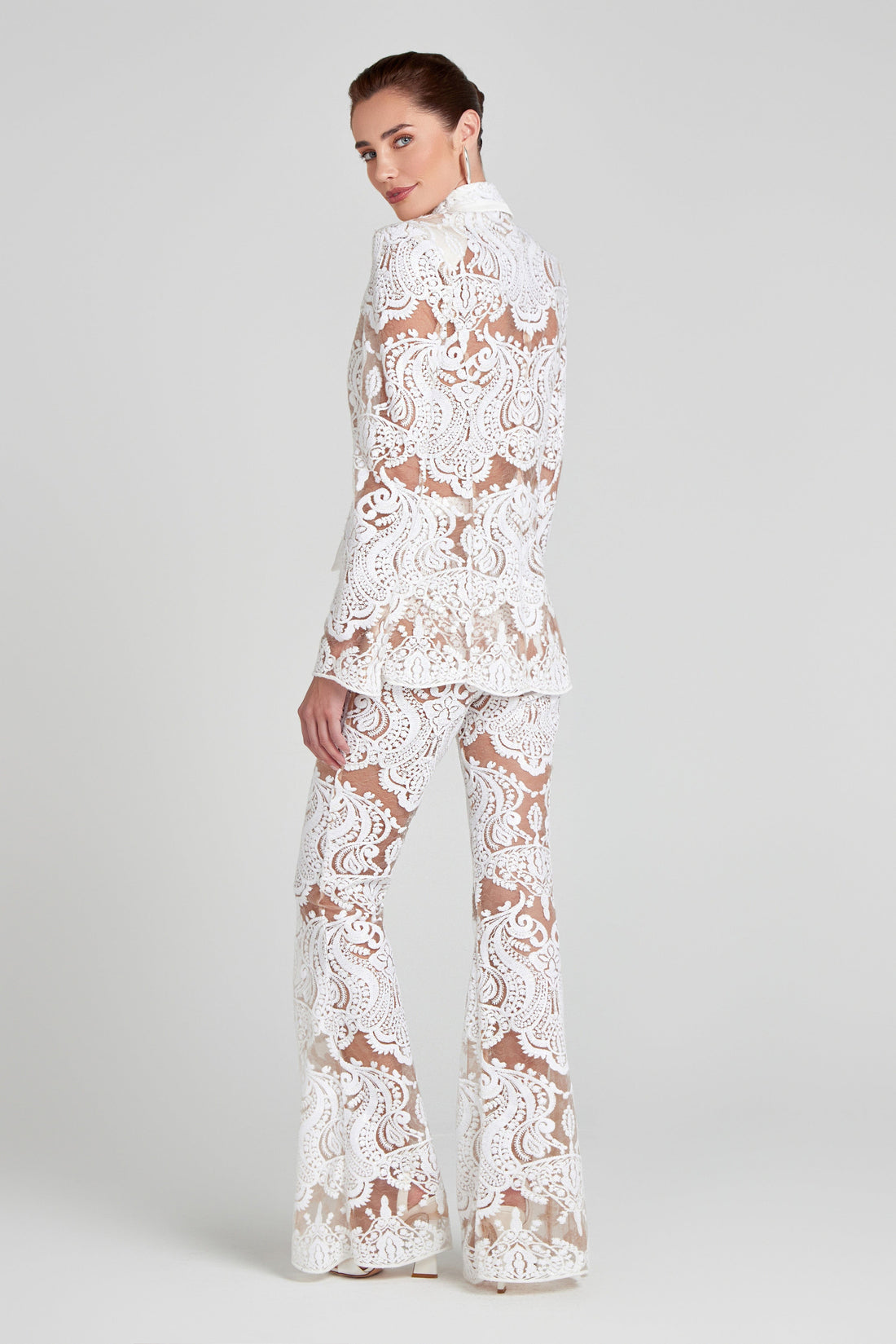 White Lace 2 Piece Set - Cut Out - Sequin Blazer and Flared Pants - Women's Streetwear Outfit