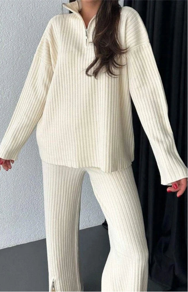 Women's Pants Set - Ribbed Zip Top and Wide Leg Slit Pants - Elegant Outfit - International Fashion
