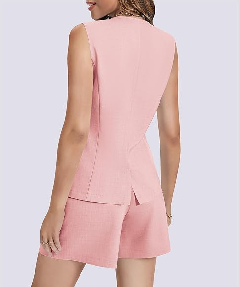 Casly Lamiit Tenues d'été 2 pièces sans manches à col rond boutonné taille haute pour femme