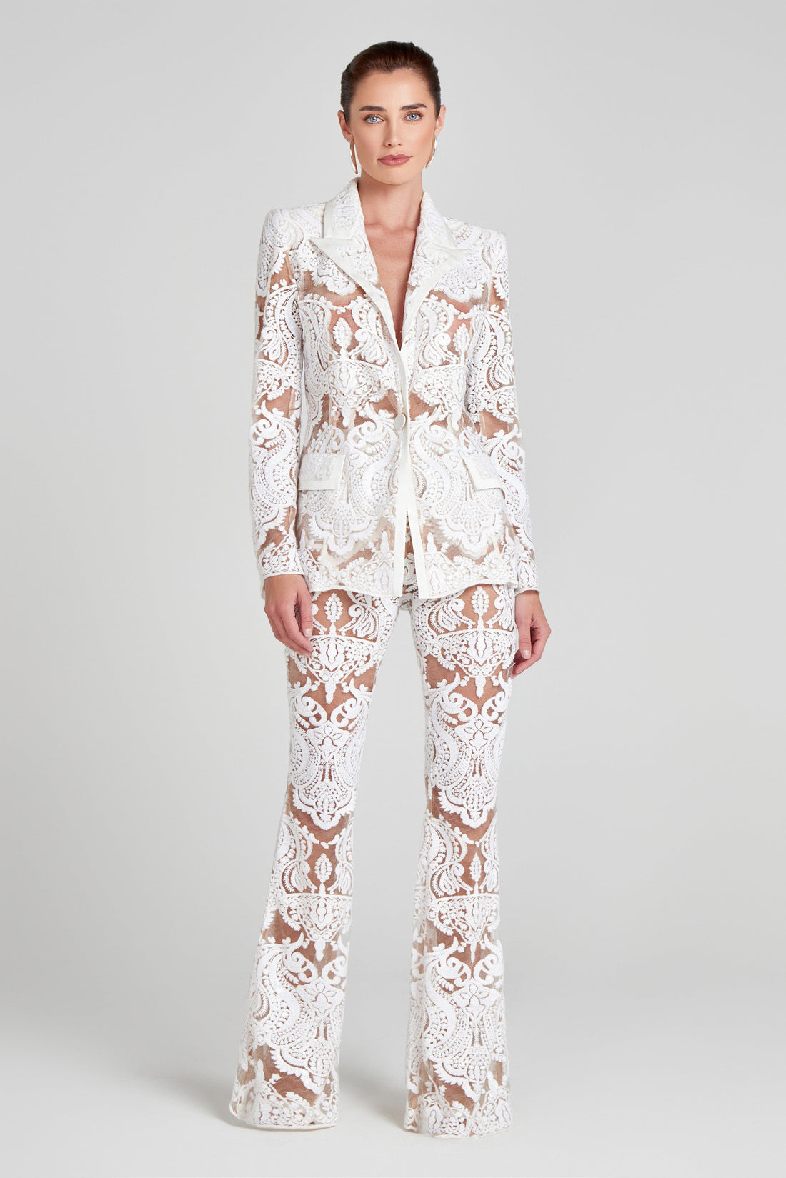 White Lace 2 Piece Set - Cut Out - Sequin Blazer and Flared Pants - Women's Streetwear Outfit
