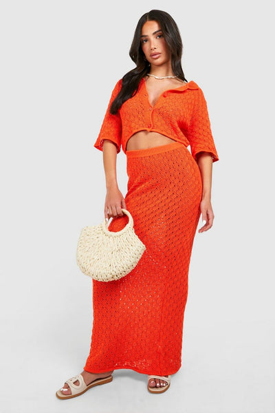 Ensemble Chic Plage Haut Transparent en Maille + Jupe Longue Fendue