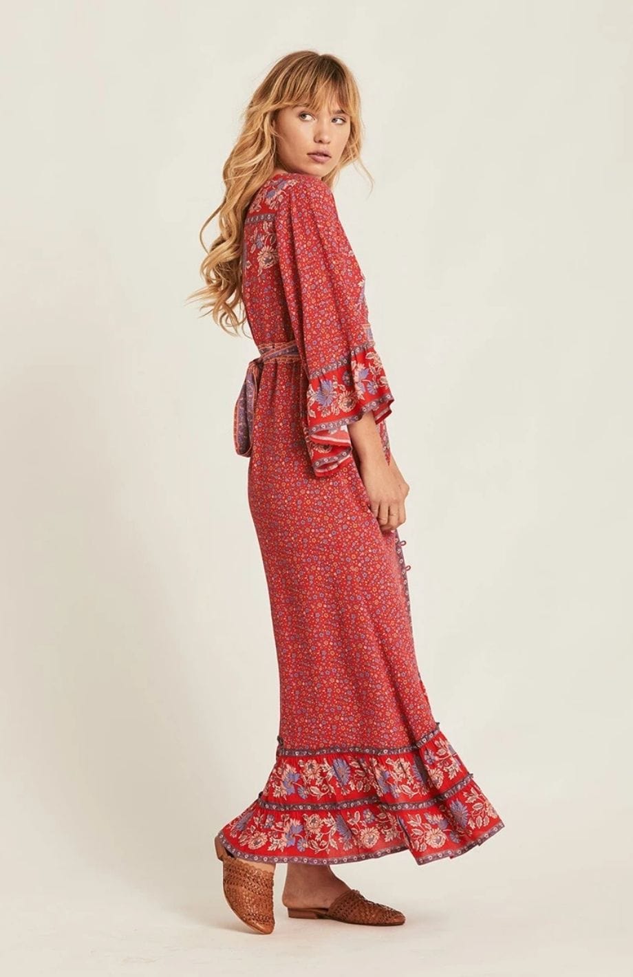 Robe Bohème Mi-Mollet Broderie - Imprimé Floral - Manches Longues - Printemps/Été