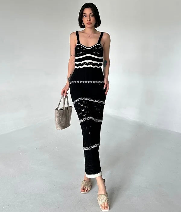 Robe à bandoulière tricotée de couleur contrastée pour femmes