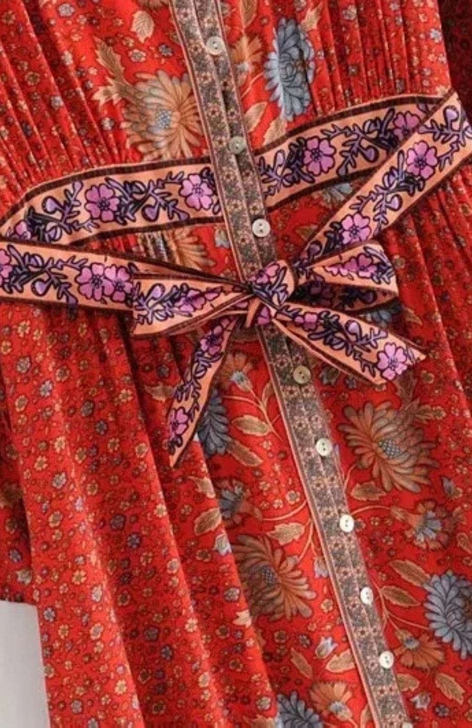 Robe Bohème Mi-Mollet Broderie - Imprimé Floral - Manches Longues - Printemps/Été