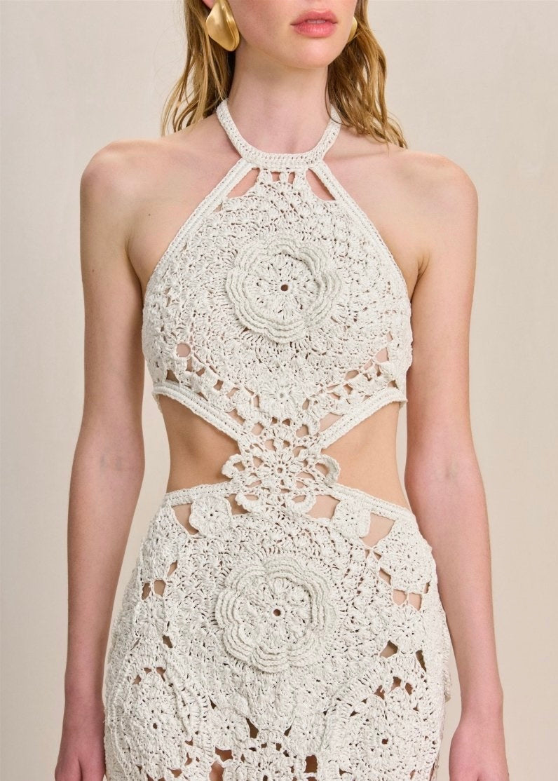 Robe longue en maille à découpes et col licou Camille