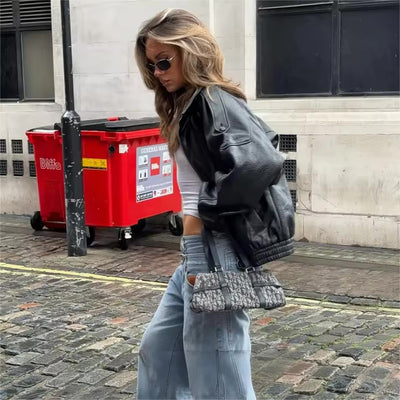 Veste Simili Cuir Femme – Noir, Col Montant, Look Streetwear