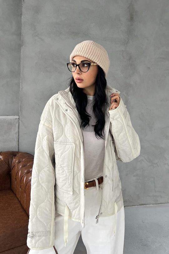 Veste matelassée femme beige – Col montant & cordons ajustables