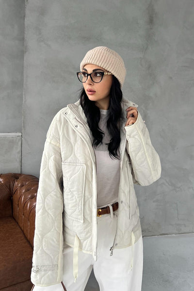 Veste matelassée femme beige – Col montant & cordons ajustables