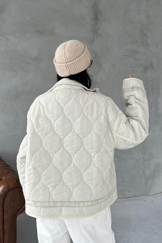 Veste matelassée femme beige – Col montant & cordons ajustables