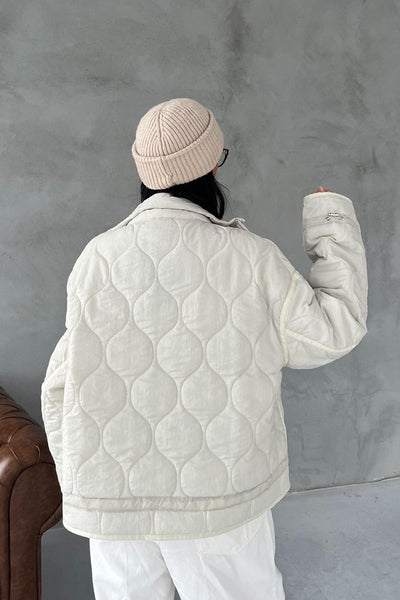 Veste matelassée femme beige – Col montant & cordons ajustables