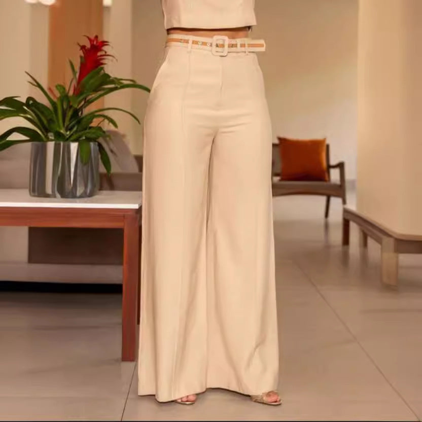 Ensemble Pantalon Large Taille Haute - Couleur Unie - Col Rond - Sans Manches - Élégant et Confortable