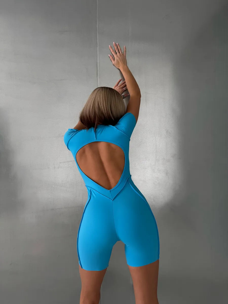 Women's Yoga Jumpsuit - Chest Pad - Leggings - Short Sleeves - Backless - Stretchy Comfort
