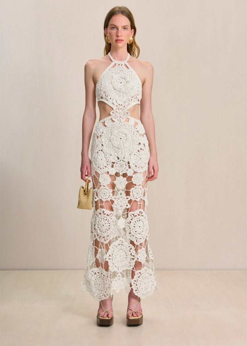 Robe longue en maille à découpes et col licou Camille