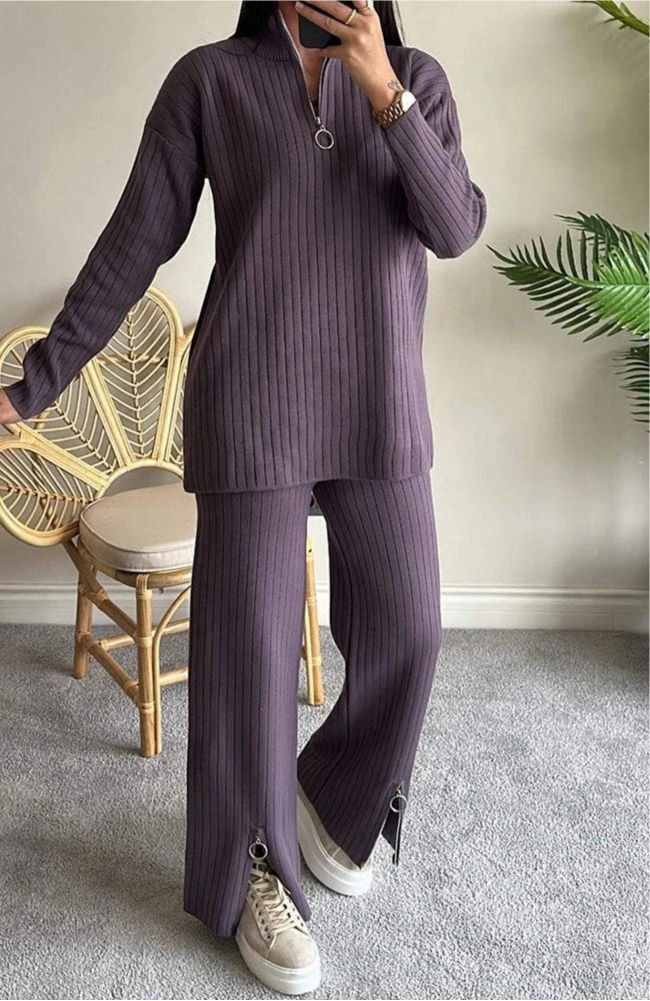 Women's Pants Set - Ribbed Zip Top and Wide Leg Slit Pants - Elegant Outfit - International Fashion