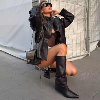 Veste Femme en Simili Cuir Style Motard – Col Montant, Manches Longues, Coupe Oversize, Tendance Automne