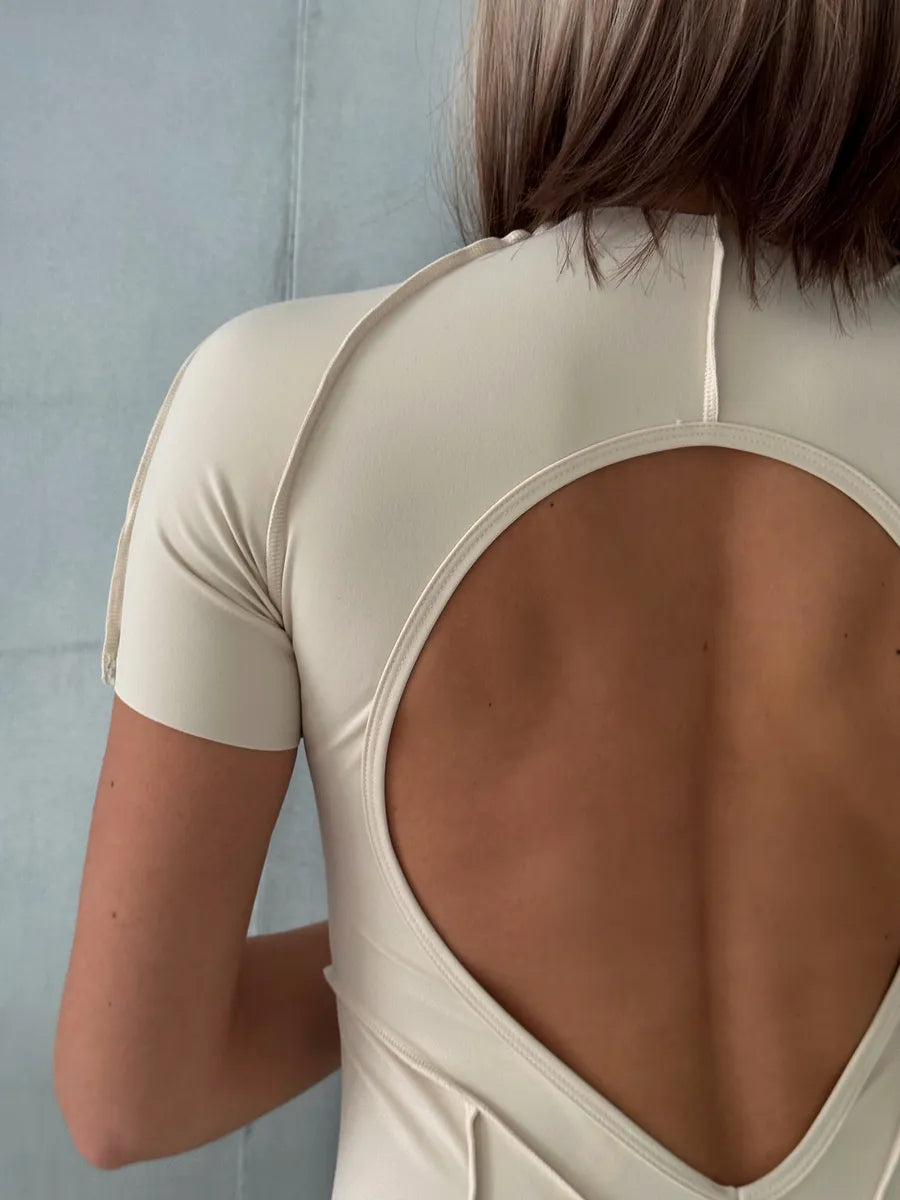 Women's Yoga Jumpsuit - Chest Pad - Leggings - Short Sleeves - Backless - Stretchy Comfort