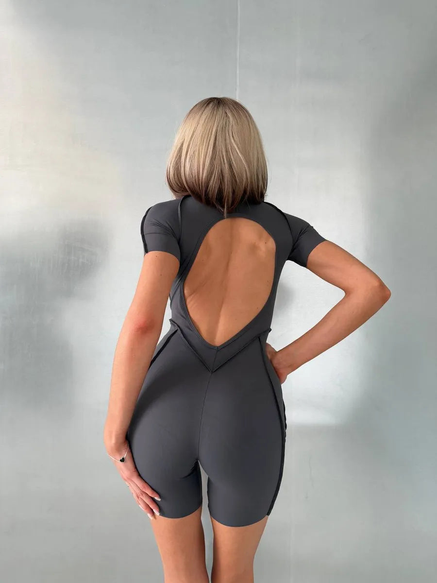 Women's Yoga Jumpsuit - Chest Pad - Leggings - Short Sleeves - Backless - Stretchy Comfort