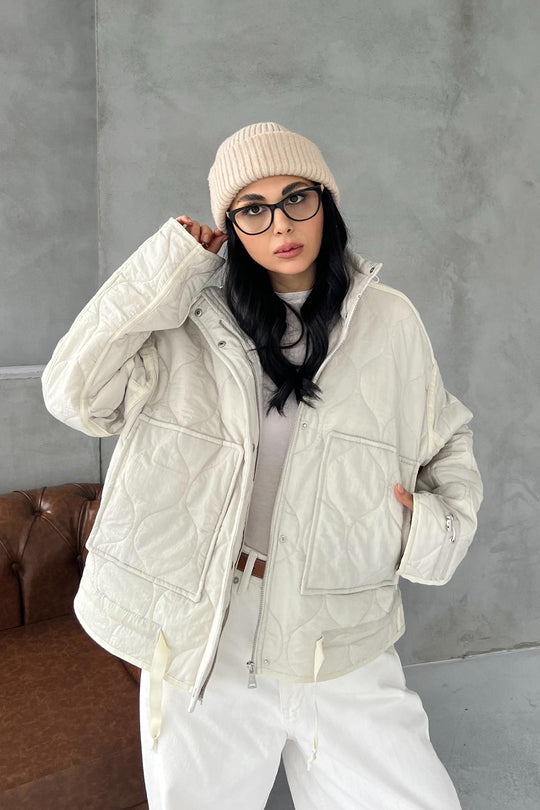 Veste matelassée femme beige – Col montant & cordons ajustables