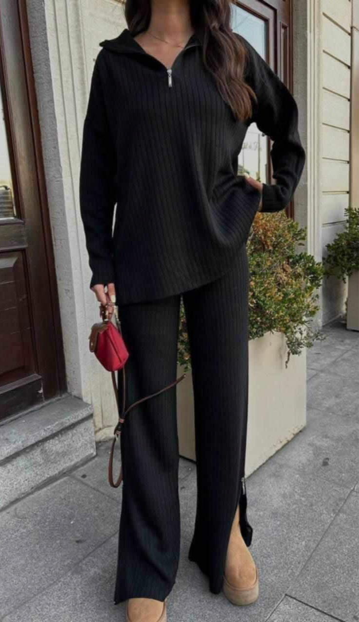 Women's Pants Set - Ribbed Zip Top and Wide Leg Slit Pants - Elegant Outfit - International Fashion