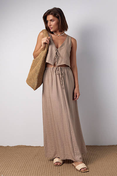 Women's Midi Skirt and Top Set - Vintage Style - Bow &amp; Lace - V-Neck - Chic Streetwear