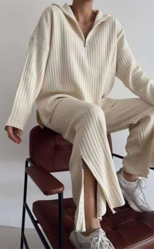 Women's Pants Set - Ribbed Zip Top and Wide Leg Slit Pants - Elegant Outfit - International Fashion