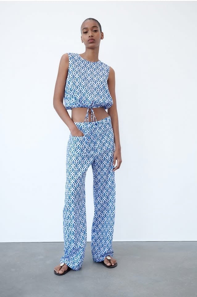 Ensemble Femme - Haut à Col Rond Sans Manches et Pantalon Long Taille Haute à Motif à Carreaux - Mode Été