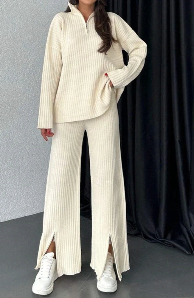 Women's Pants Set - Ribbed Zip Top and Wide Leg Slit Pants - Elegant Outfit - International Fashion