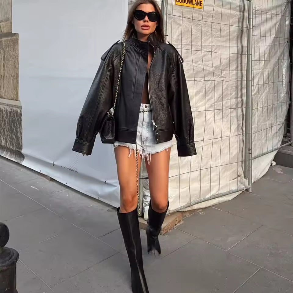 Veste Femme en Simili Cuir Style Motard – Col Montant, Manches Longues, Coupe Oversize, Tendance Automne