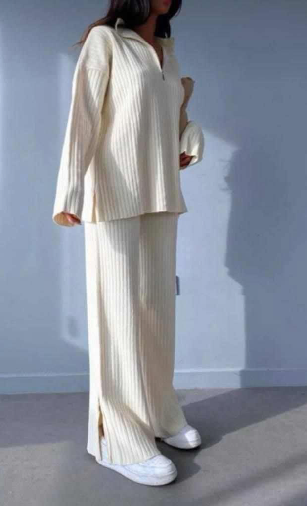 Women's Pants Set - Ribbed Zip Top and Wide Leg Slit Pants - Elegant Outfit - International Fashion