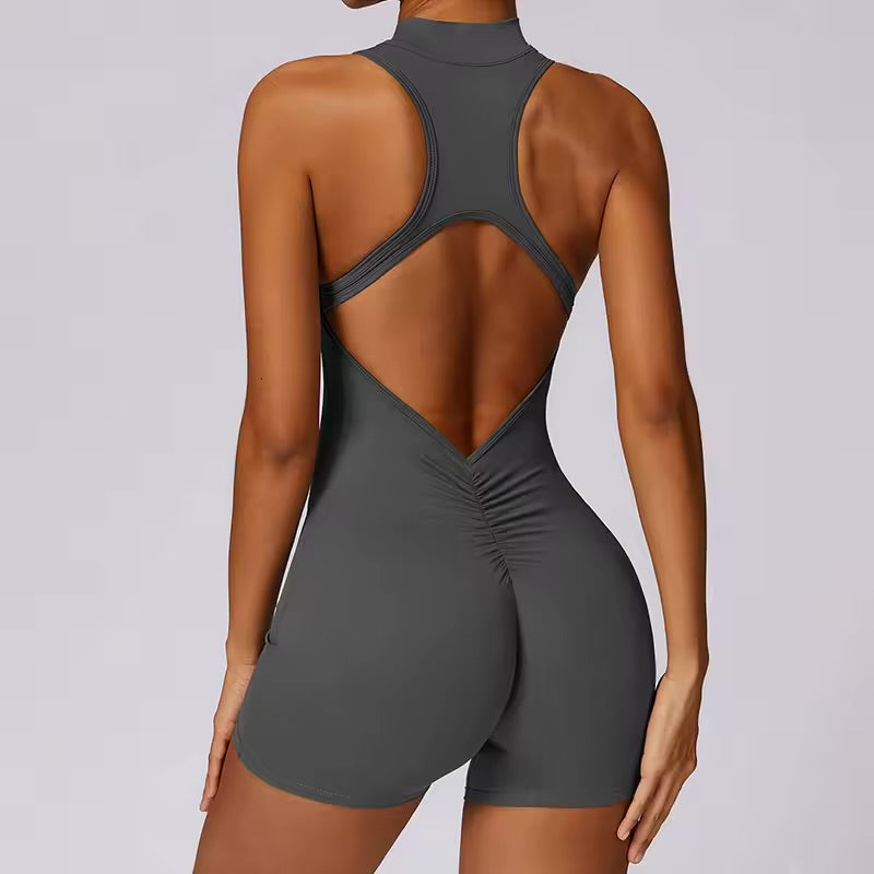 Combinaison Sport Été Femme - Short - Survêtement Gym Scrunch - Body Fitness Zippé - Tenue Sportive