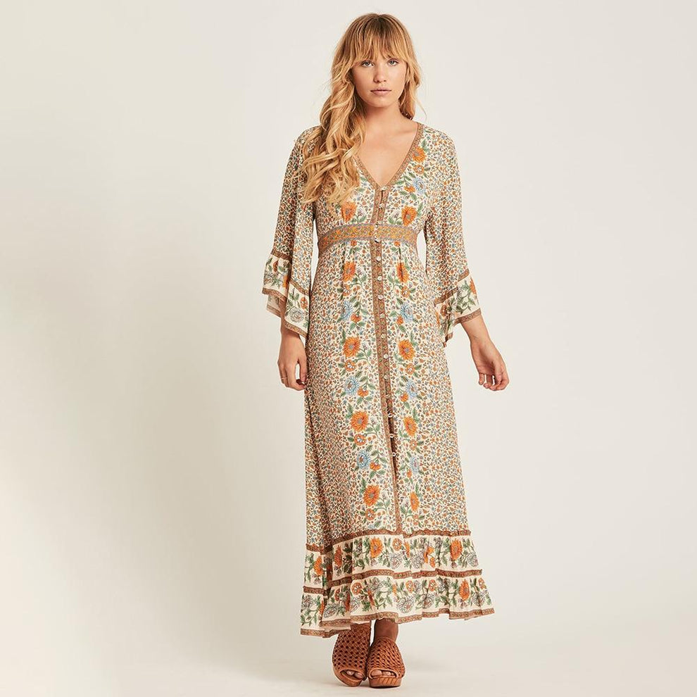 Robe Bohème Mi-Mollet Broderie - Imprimé Floral - Manches Longues - Printemps/Été