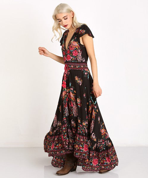 Women's Bohemian Long Dress - Sexy V-Neck - High Slit - Printed Flared Sleeves