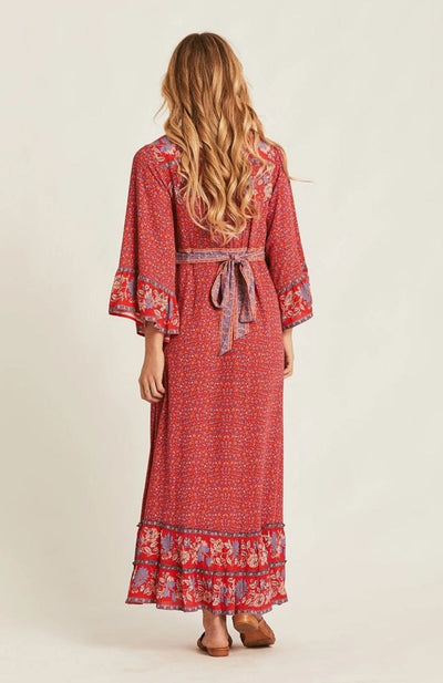 Robe Bohème Mi-Mollet Broderie - Imprimé Floral - Manches Longues - Printemps/Été