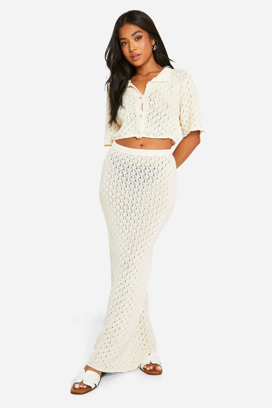 Ensemble Chic Plage Haut Transparent en Maille + Jupe Longue Fendue