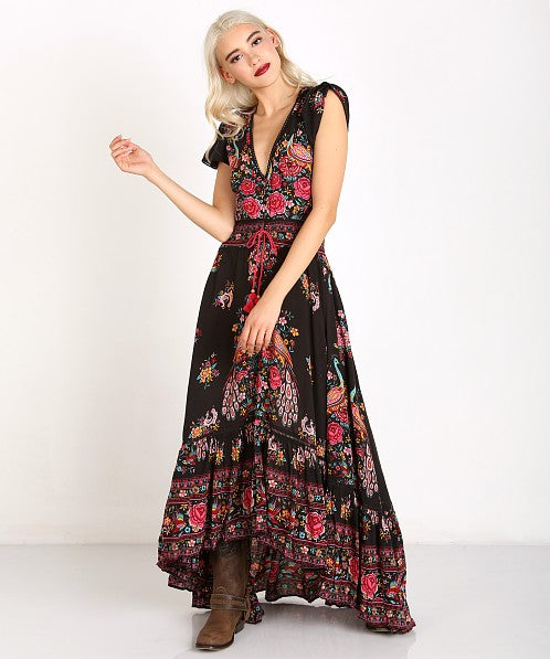 Women's Bohemian Long Dress - Sexy V-Neck - High Slit - Printed Flared Sleeves