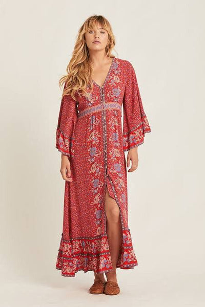 Robe Bohème Mi-Mollet Broderie - Imprimé Floral - Manches Longues - Printemps/Été