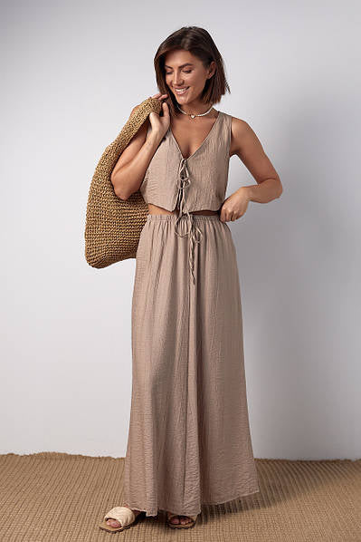 Ensemble Jupe Midi et Top Femme - Style Vintage - Nœud & Dentelle - Col V - Streetwear Chic