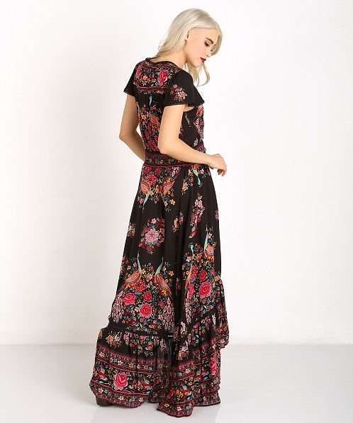 Women's Bohemian Long Dress - Sexy V-Neck - High Slit - Printed Flared Sleeves