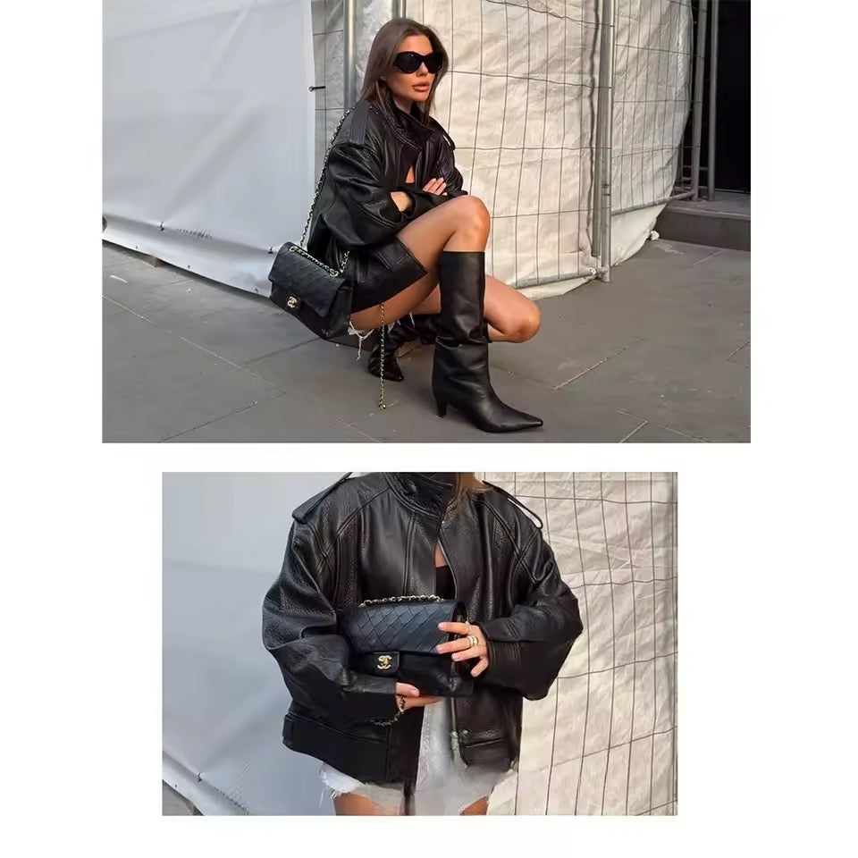 Veste Femme en Simili Cuir Style Motard – Col Montant, Manches Longues, Coupe Oversize, Tendance Automne