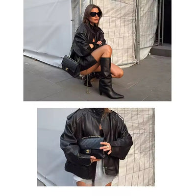 Veste Femme en Simili Cuir Style Motard – Col Montant, Manches Longues, Coupe Oversize, Tendance Automne