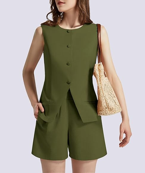 Casly Lamiit Tenues d'été 2 pièces sans manches à col rond boutonné taille haute pour femme