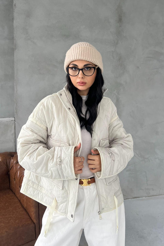 Veste matelassée femme beige – Col montant & cordons ajustables