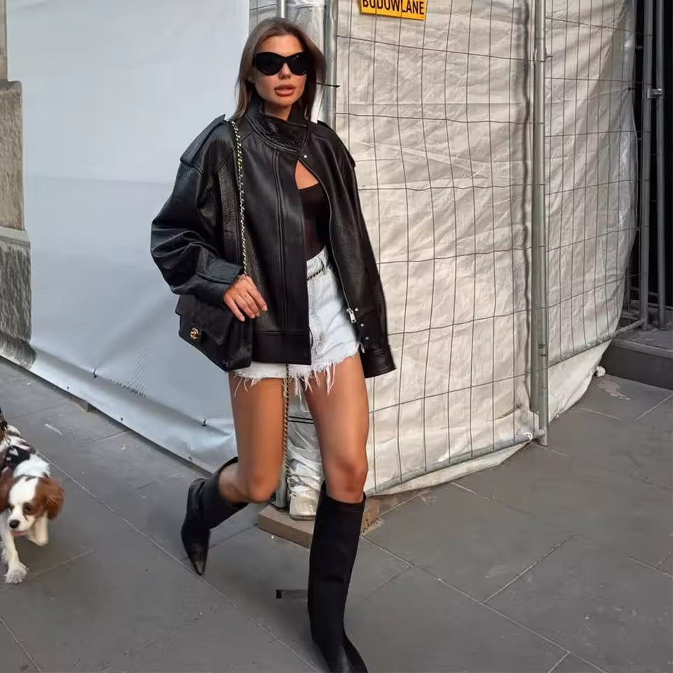 Veste Femme en Simili Cuir Style Motard – Col Montant, Manches Longues, Coupe Oversize, Tendance Automne