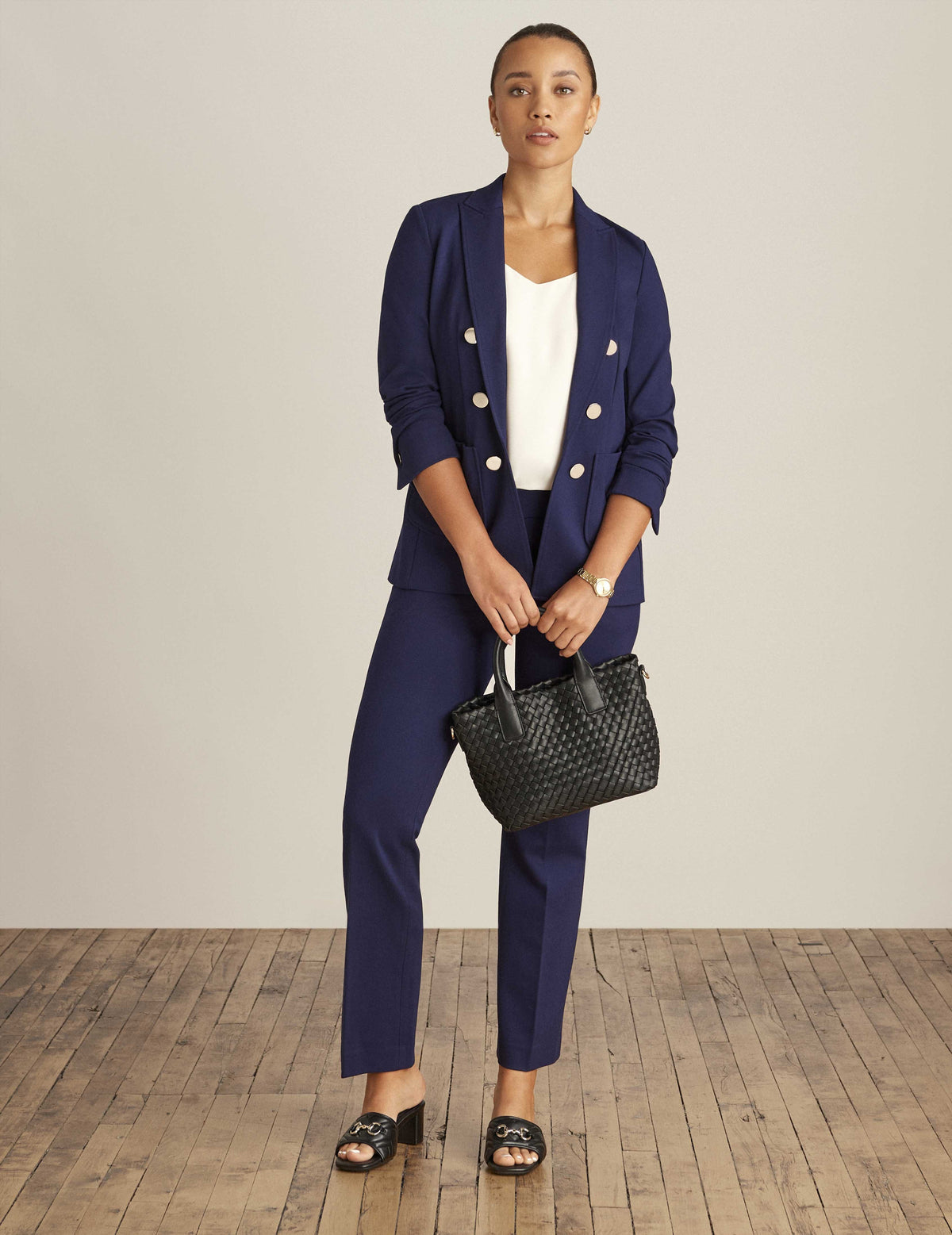 Compression Collection Faux Double Breasted Blazer With Patch Pockets