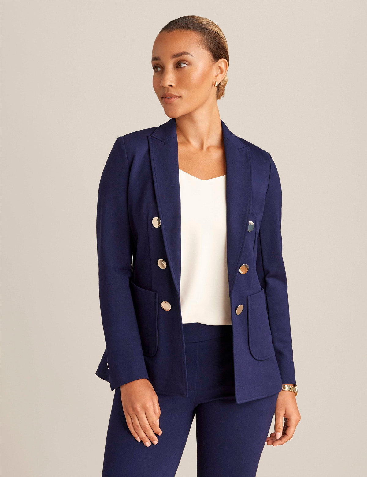 Compression Collection Faux Double Breasted Blazer With Patch Pockets