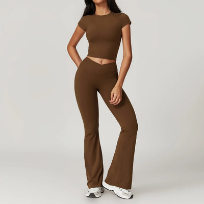 Damesportssæt i 2 dele - Udstrakte leggings &amp; croptop - Yoga- og fitnessoutfit - Åndbar - Slim Fit e mon