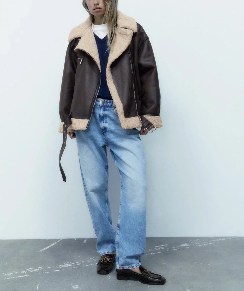 Veste Femme Hiver Chic – Effet Mouton Doublée, Col Revers et Ceinturée