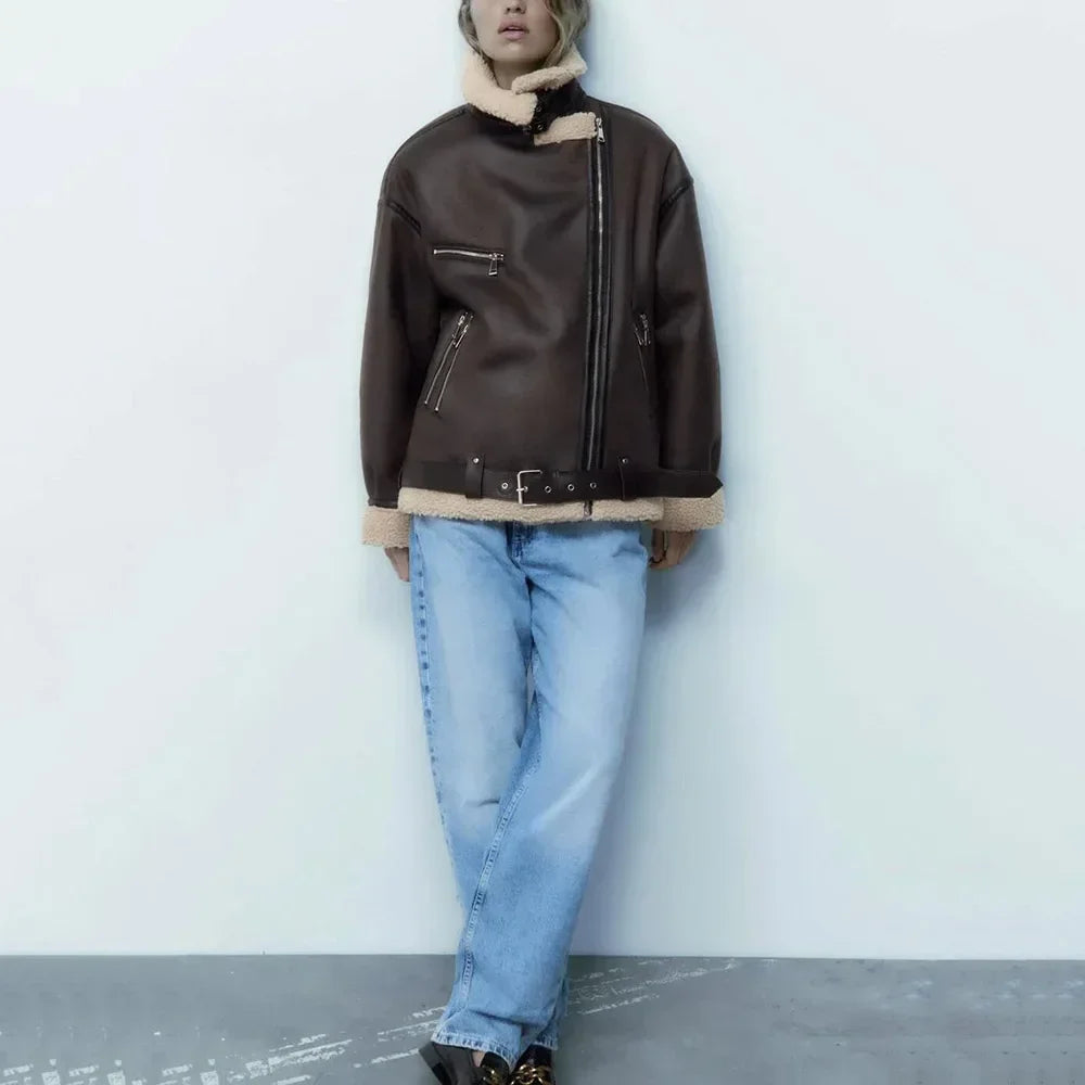 Veste Femme Hiver Chic – Effet Mouton Doublée, Col Revers et Ceinturée