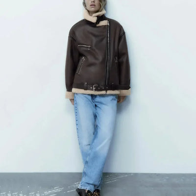 Veste Femme Hiver Chic – Effet Mouton Doublée, Col Revers et Ceinturée