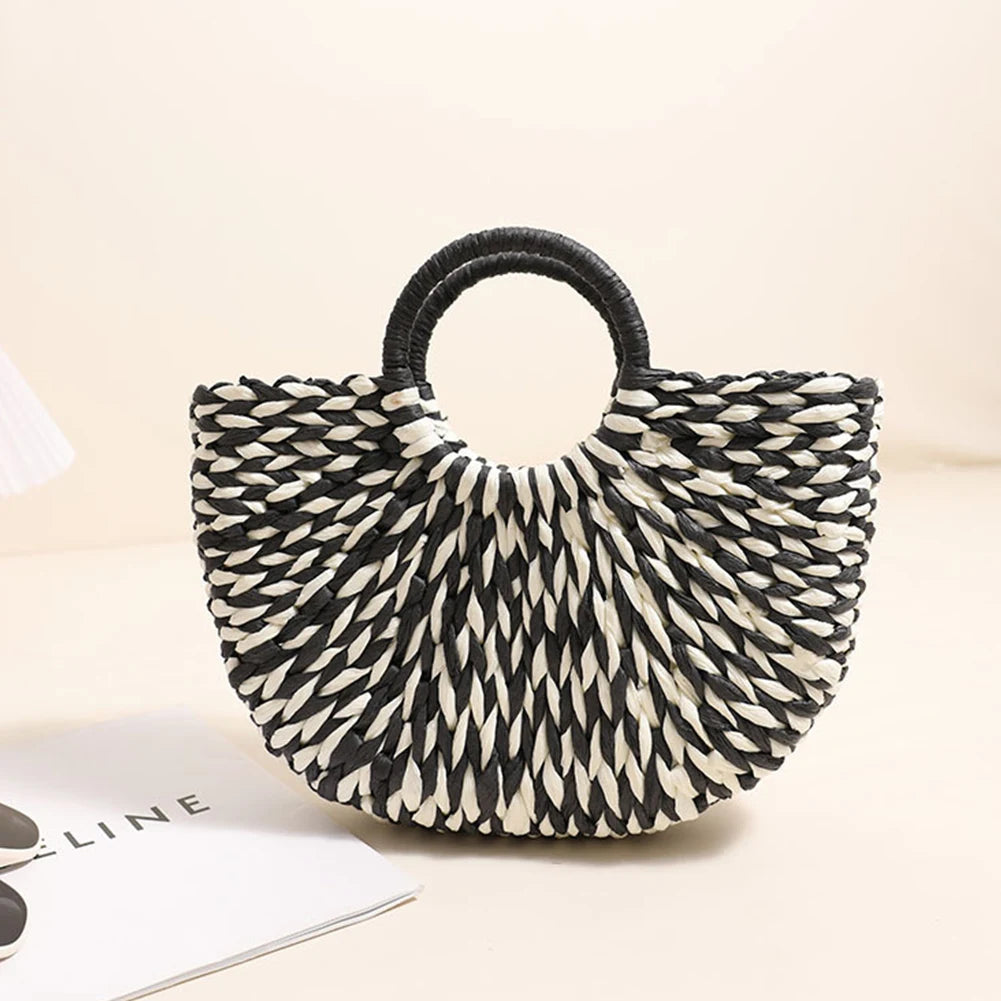 Sac Fourre-Tout Paille Femme - Grand Format - Demi-Lune - Couleurs Contrastées - Sac Tissé Plage Été